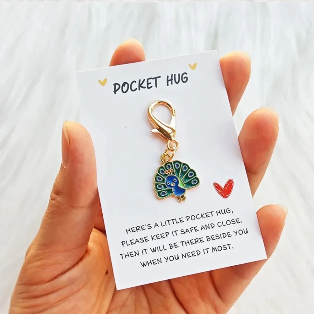 Peacock Pocket Hug Keychain Charm w Sheer Organza Bag $FIRM